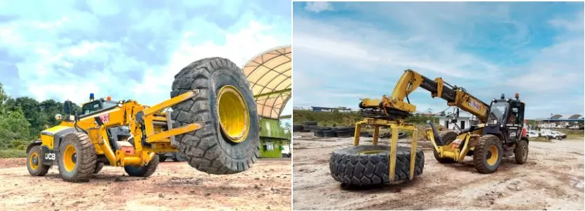 thay lốp xe tải mỏ bằng JCB Telehandler
