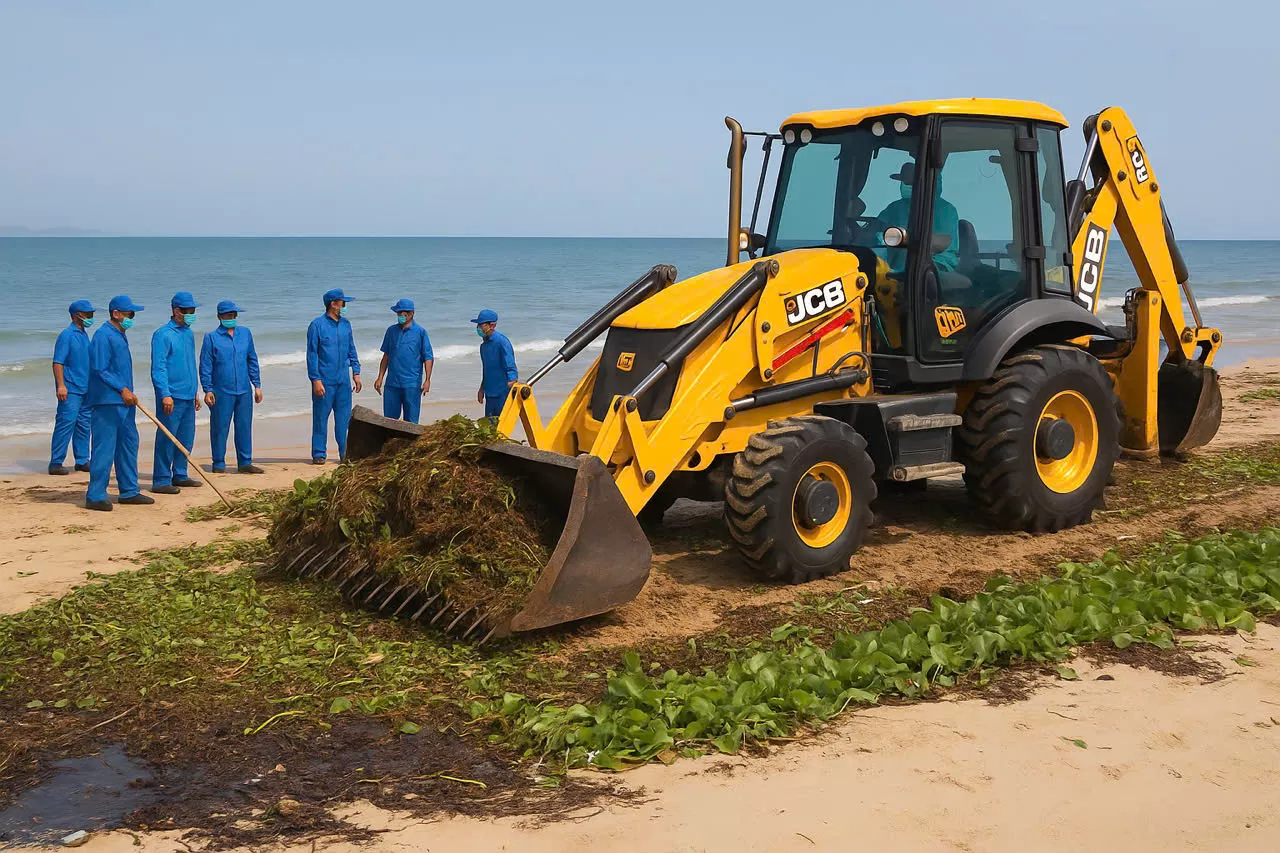 Xe xúc liên hợp JCB – Giải pháp dọn vệ sinh bãi biển, lục bình và rác thải hiệu quả